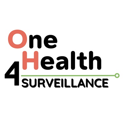 Logo of OH4Surveillance. The text reads ‘One Health 4 Surveillance’. The words ‘One’ and ‘Health’ are partly in red, the number ‘4’ is in bold black, and a green line underlines ‘Health’ and extends under ‘Surveillance’, ending in a small green circle.