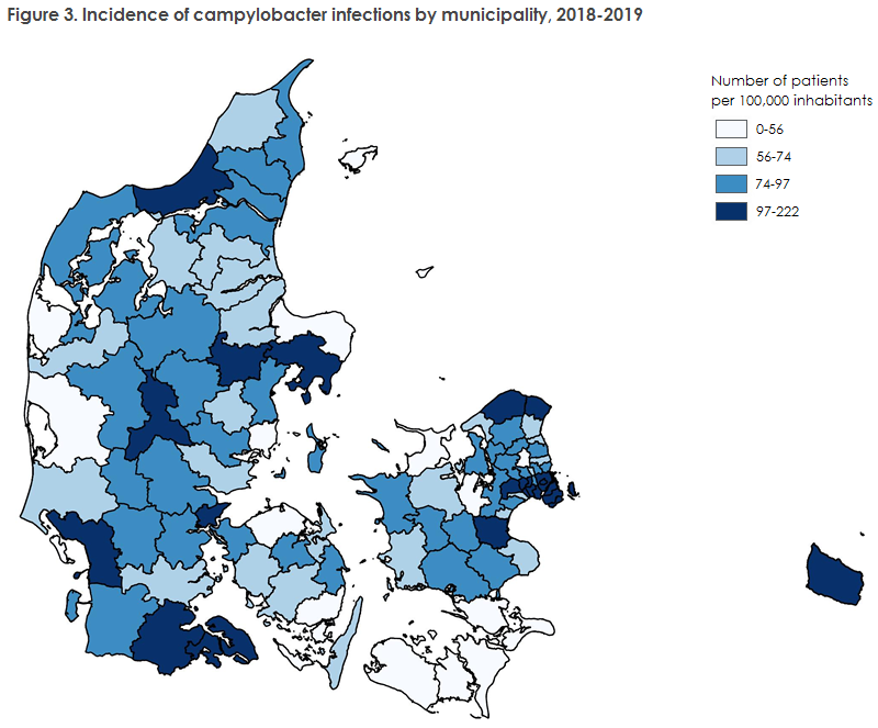 Figure 3. Incidence of campylobacter infections by municipality, 2018-2019